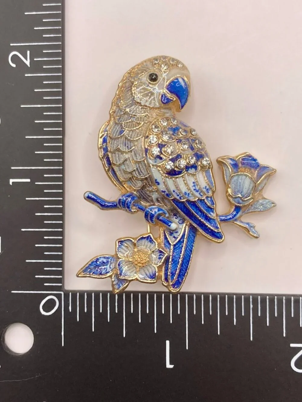 Blue & White Enamel Parrot Brooch Pin Floral Design Gold-Tone -32B